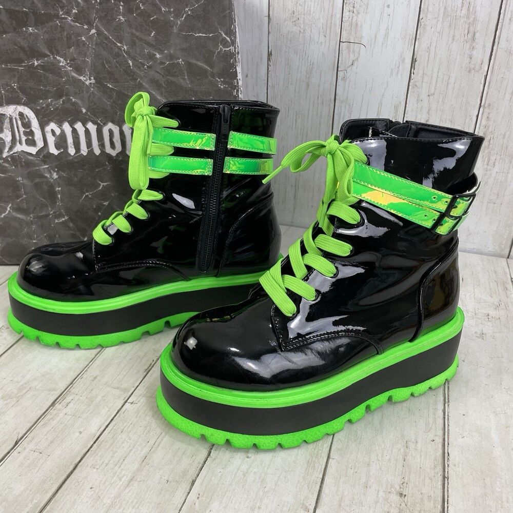 DEMONIA Shaker-52 Platform Boots Black Patent Neon Green Size 10 /EU 40 - Picture 6 of 10